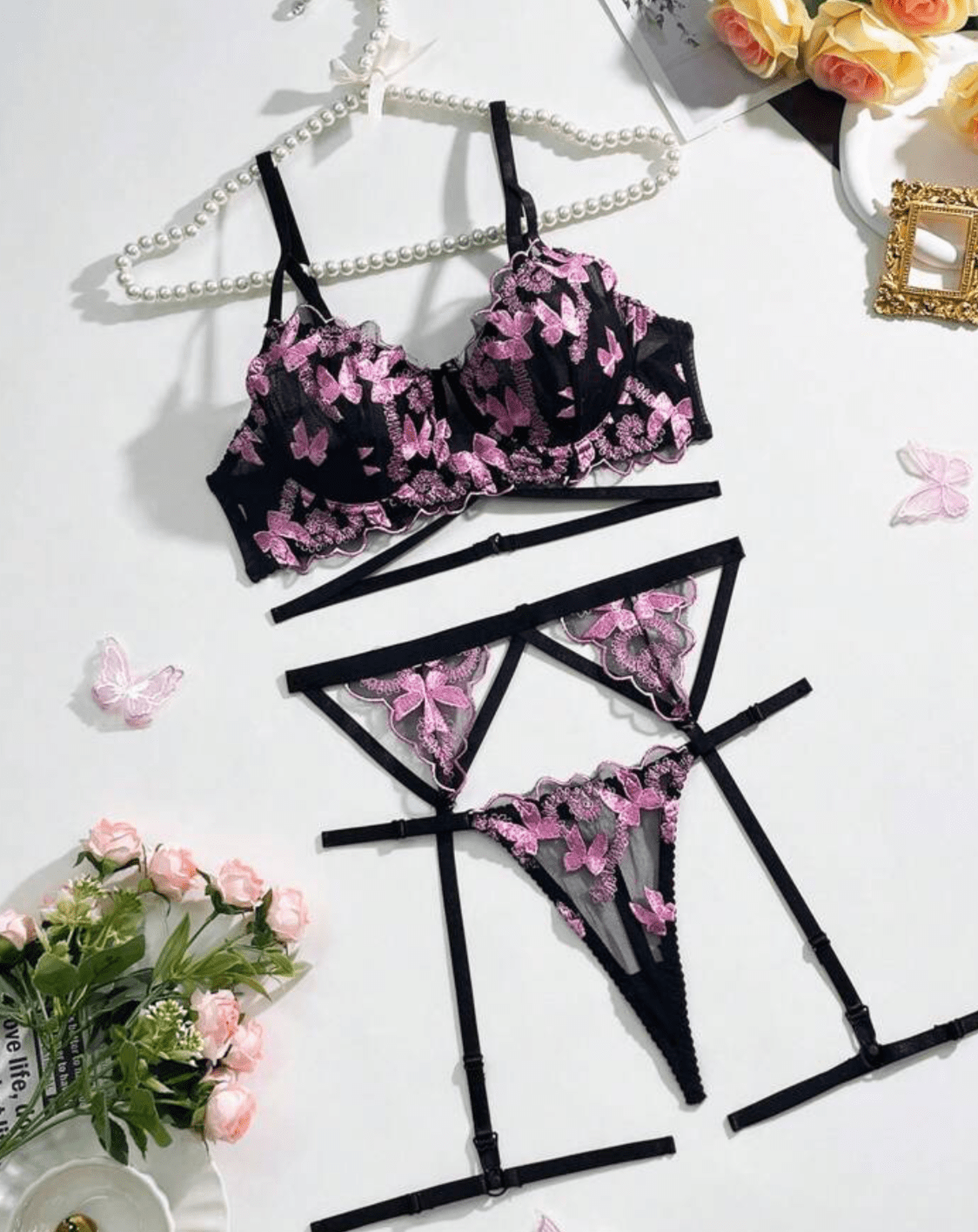black and pink lingerie set garter belt