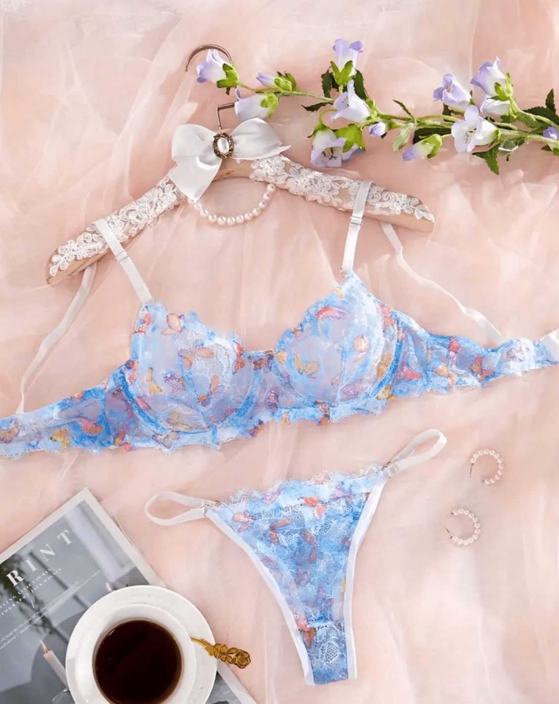 blue lingerie set butterfly embroidered