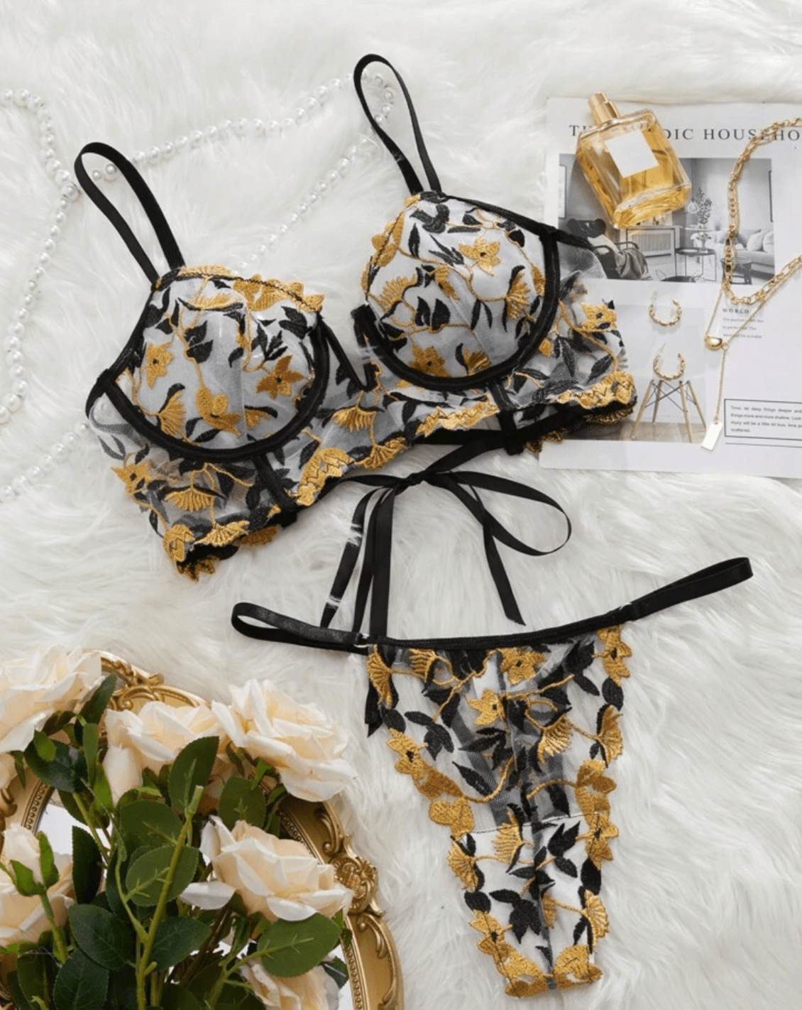 gold and black lingerie set