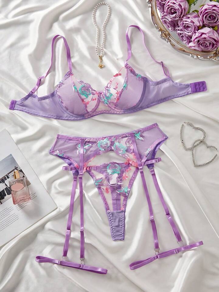Purple Lingerie Set Floral Embroidered Lace Garter Belt Self Care Shop Purple Lingerie Set Floral Embroidered Lace Garter Belt Self Care Shop