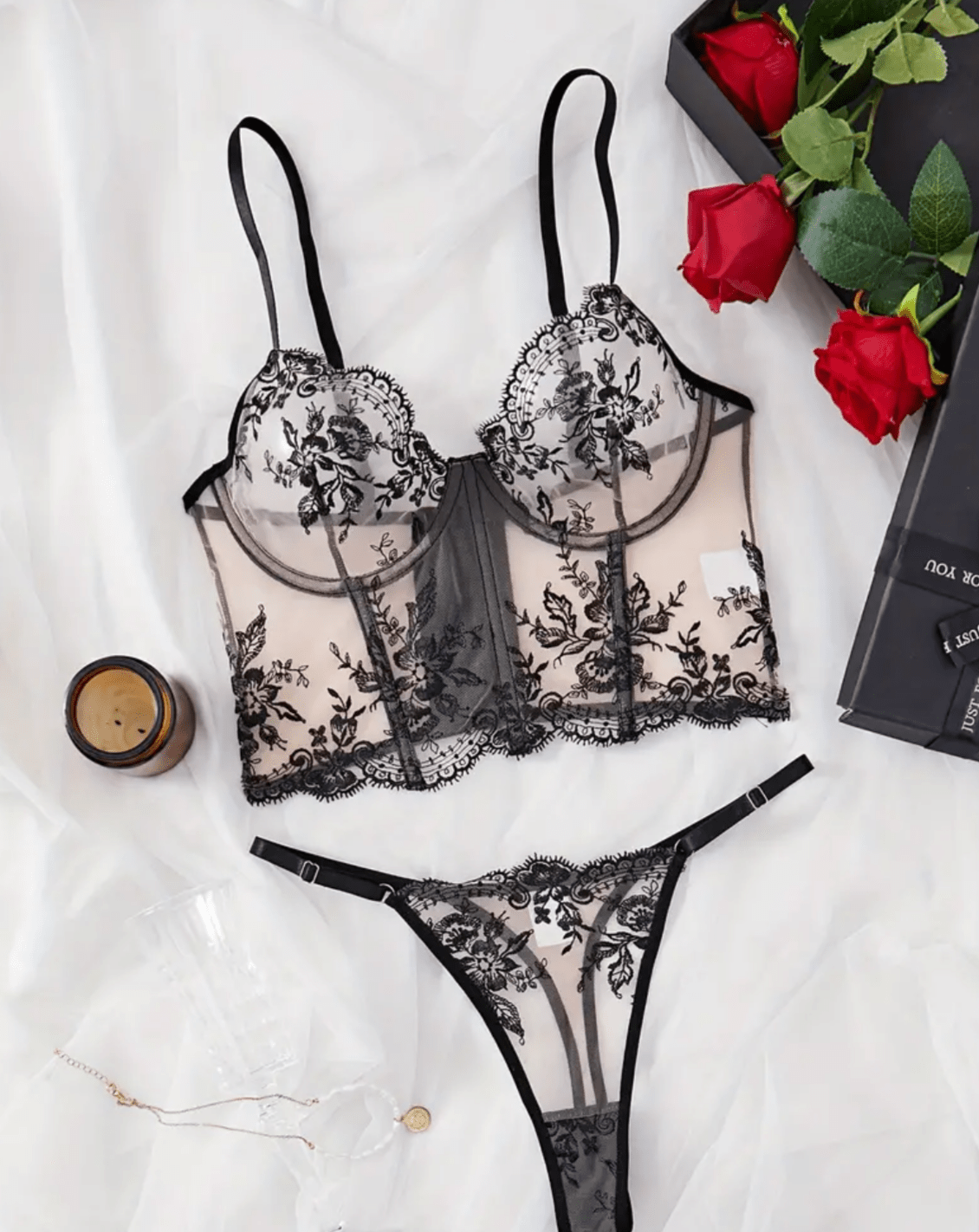 Black Embroidered Lingerie Set Negligees Corset Small Black Embroidered Lingerie Set Negligees Corset Small