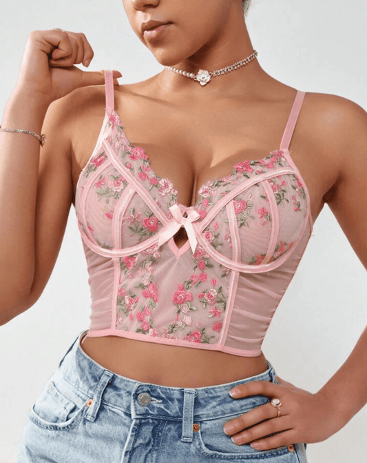 pink cami corset top sheer lace