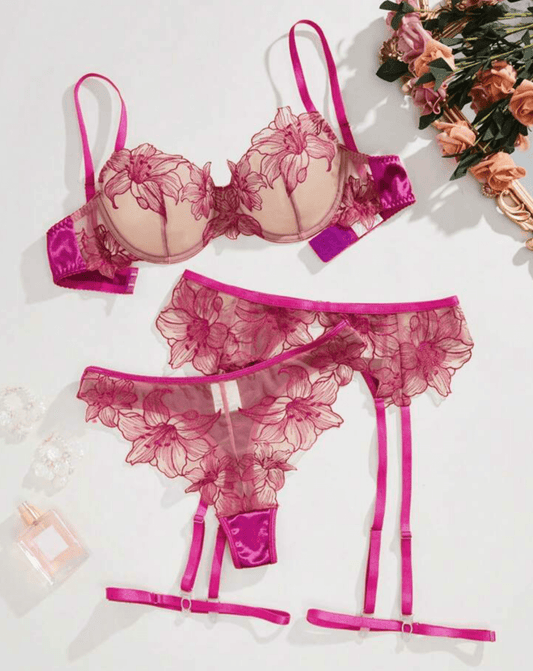 rose red lingerie set garter embroidery