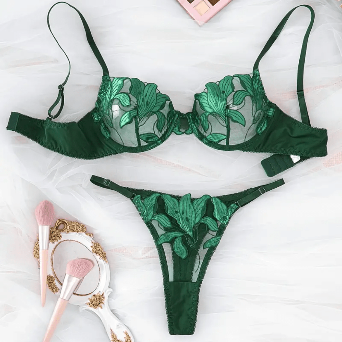 Green Lingerie Set Silk Embroidery Green Lingerie Set Silk Embroidery