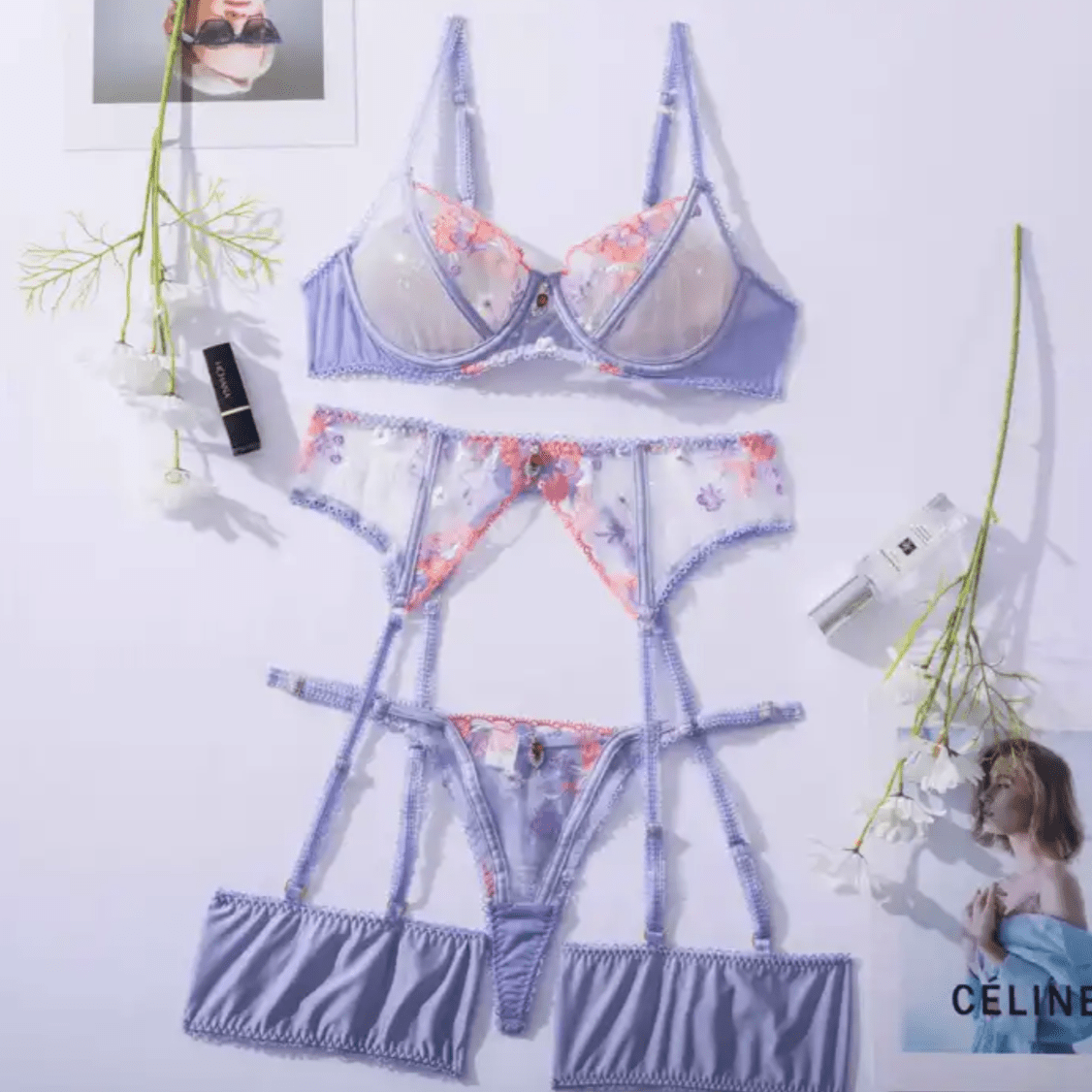 light purple lingerie set garter