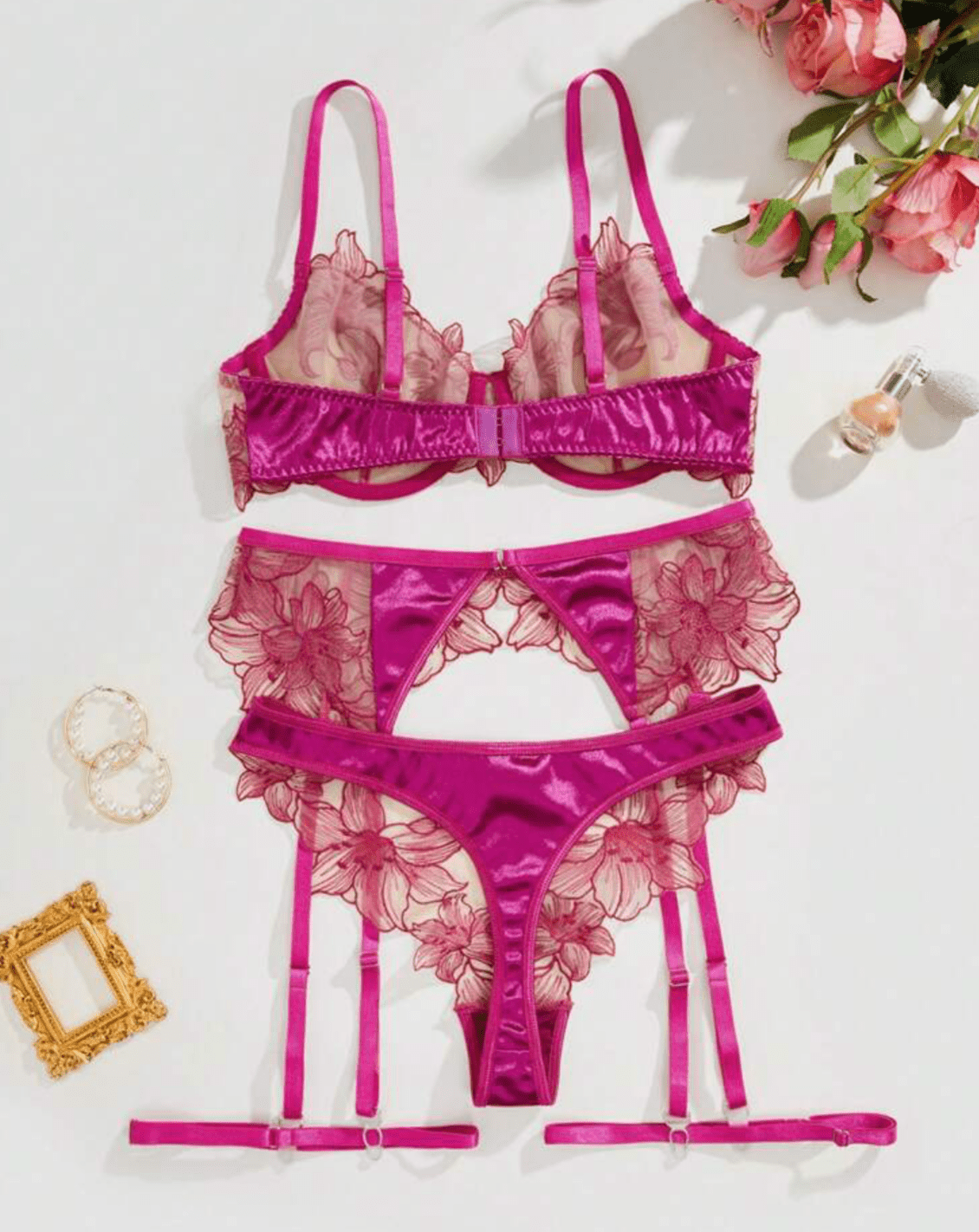 silk hot pink lingerie set garter