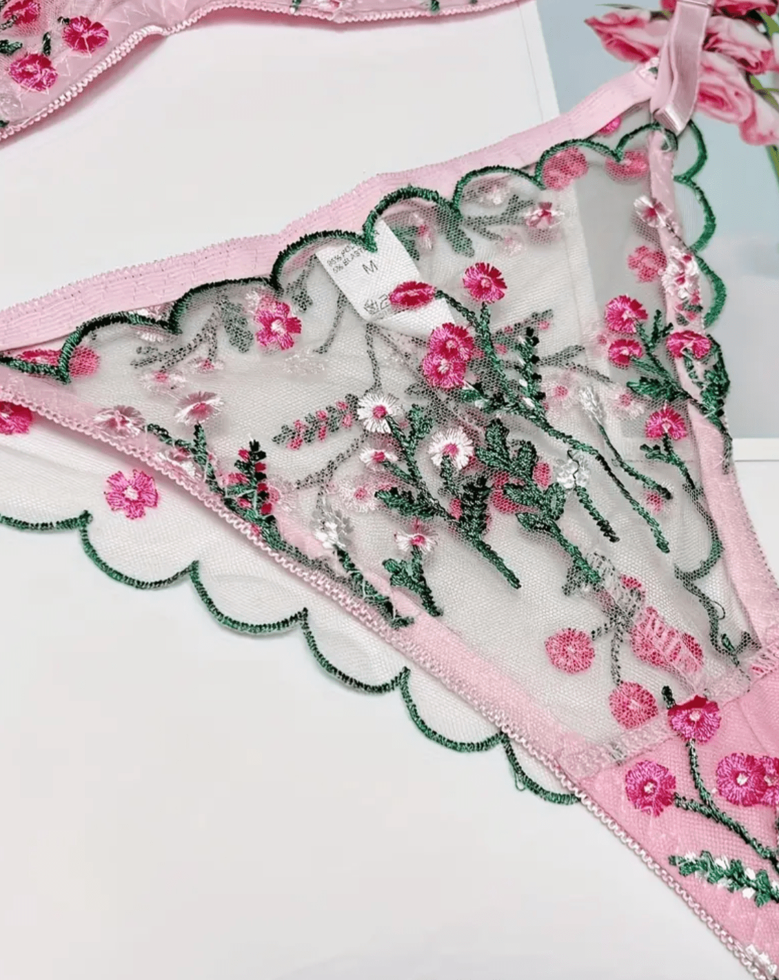 pink lingerie thong embroidered