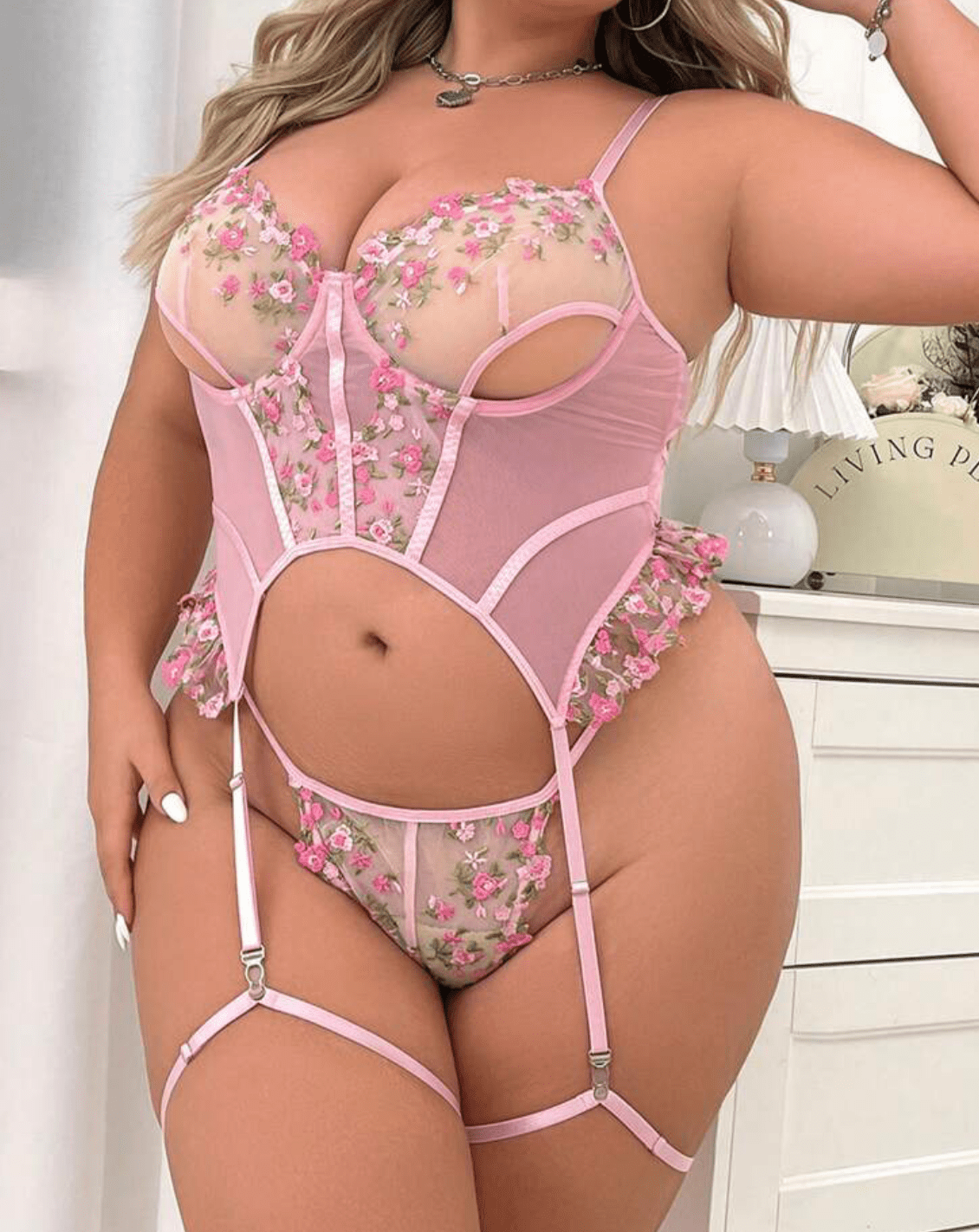 pink plus size lingerie sheer