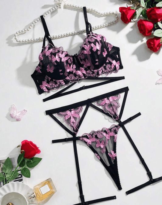 black lingerie pink embroidery sexy garter belt