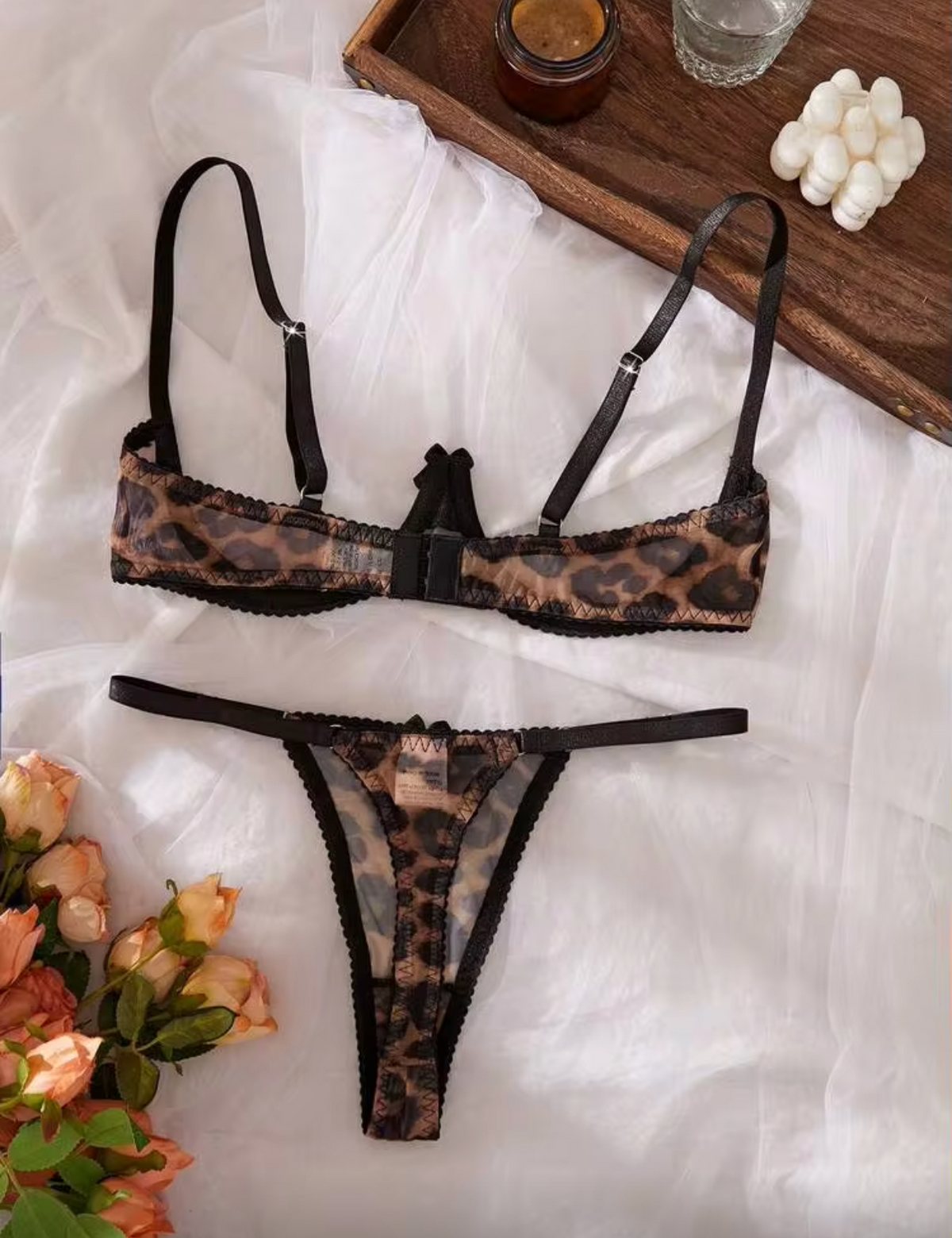 Leopard Print Mesh Bra & Open Crotchless Panties Brown Sexy Lingerie Set For Women