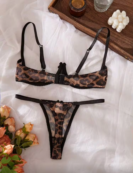 Leopard Print Mesh Bra & Open Crotchless Panties Brown Sexy Lingerie Set For Women