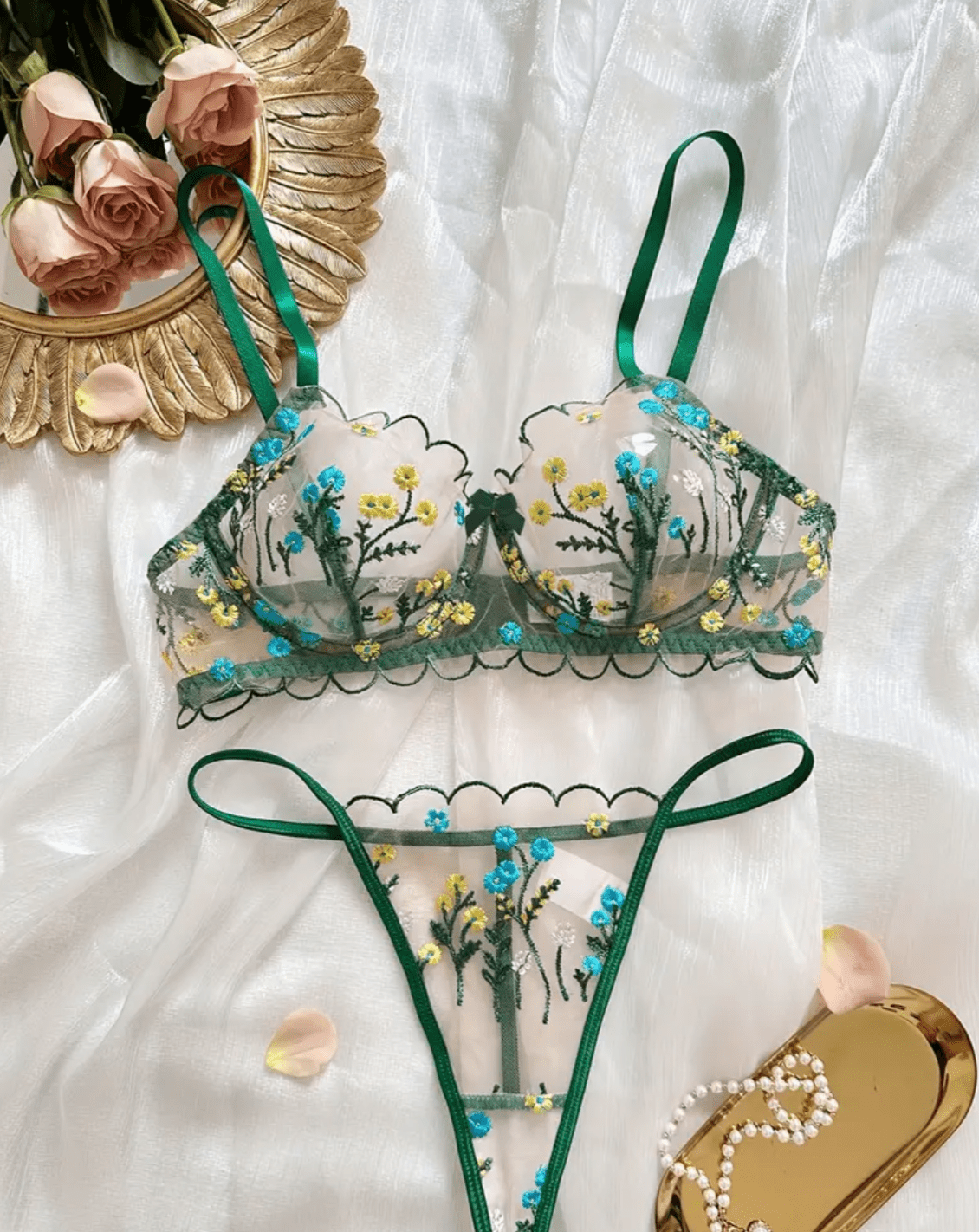 green floral lingerie set