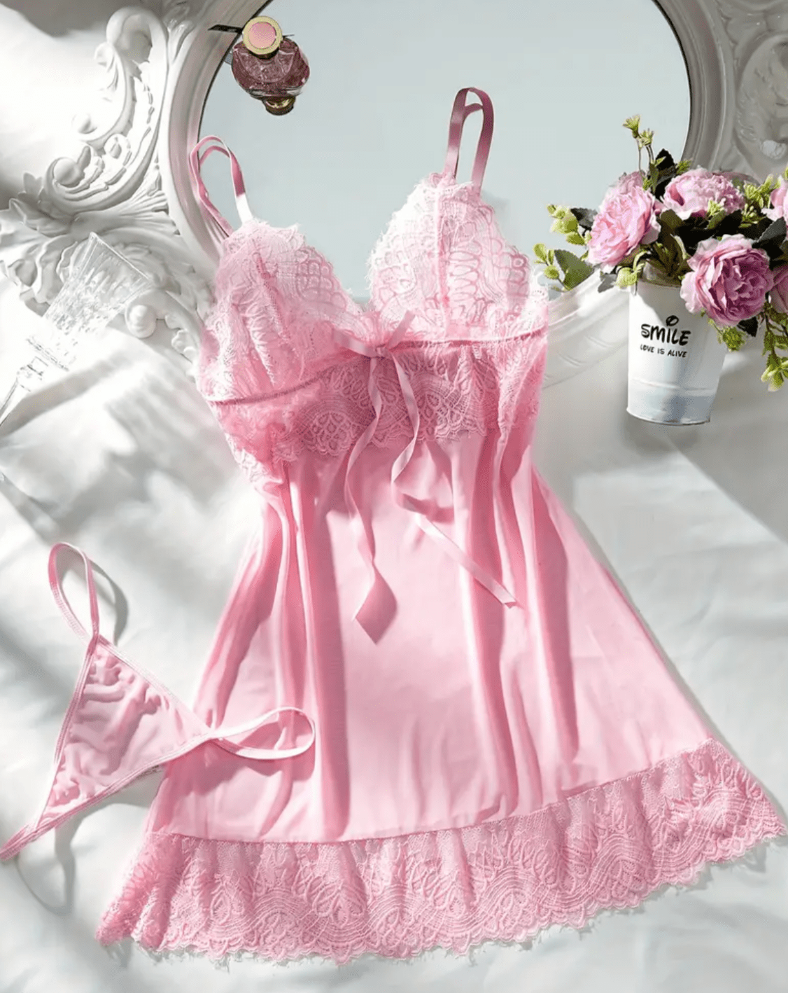 pink lingerie slip dress with thong