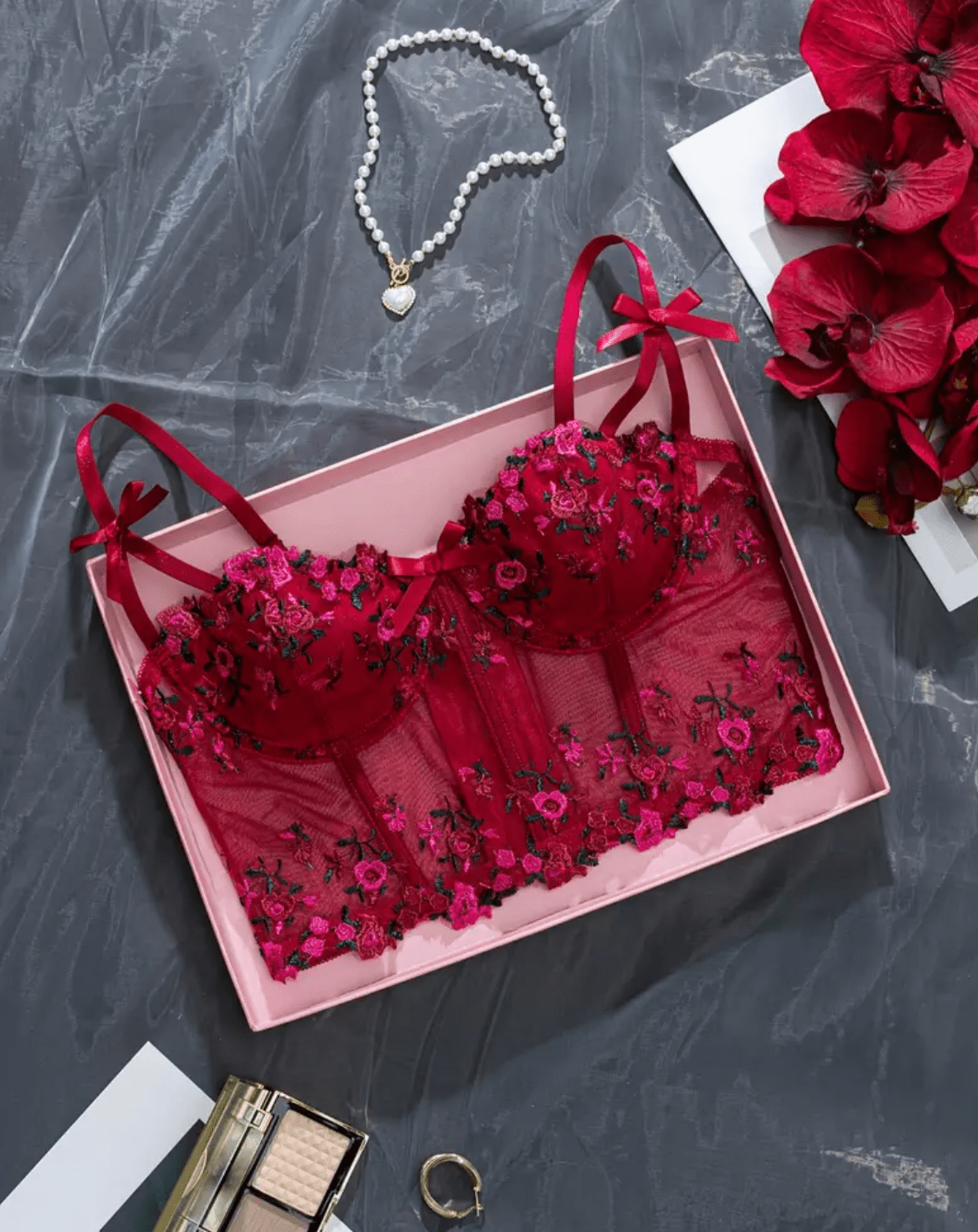 red floral bralette sheer