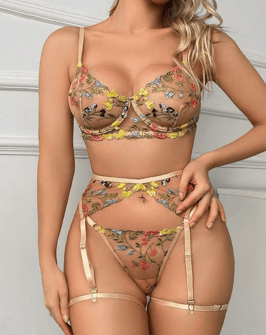 brown floral lingerie set garter