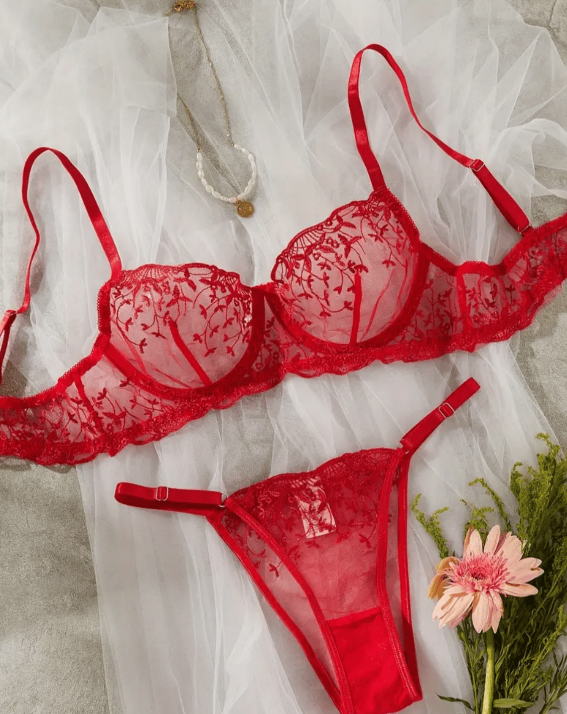 red lingerie sexy see through set