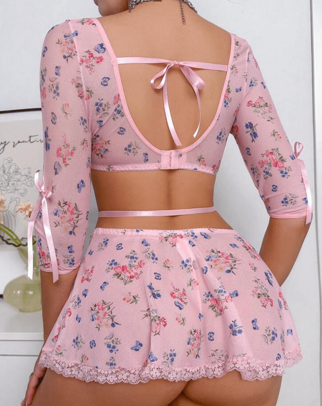 pink lingerie skirt set sheer lace floral