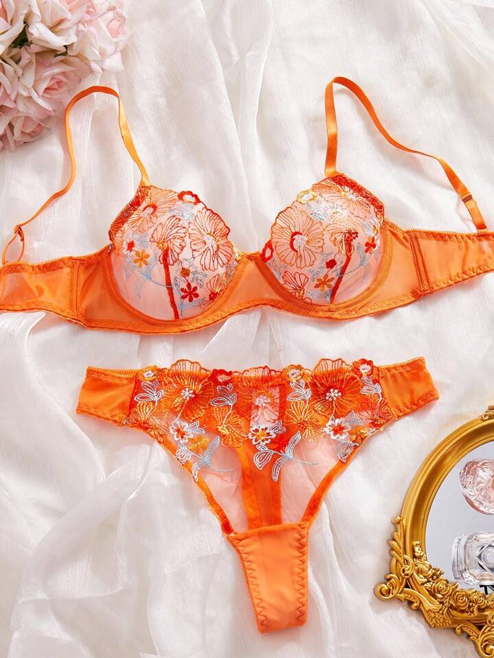 Orange Lingerie Set Sheer Floral Embroidery M Orange Lingerie Set Sheer Floral Embroidery M