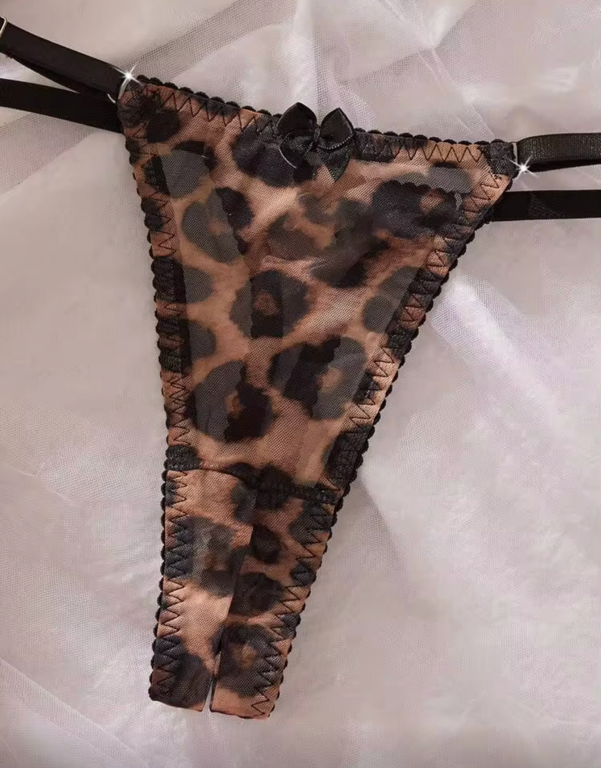 Leopard Print Mesh Bra & Open Crotchless Panties Brown Sexy Lingerie Set For Women