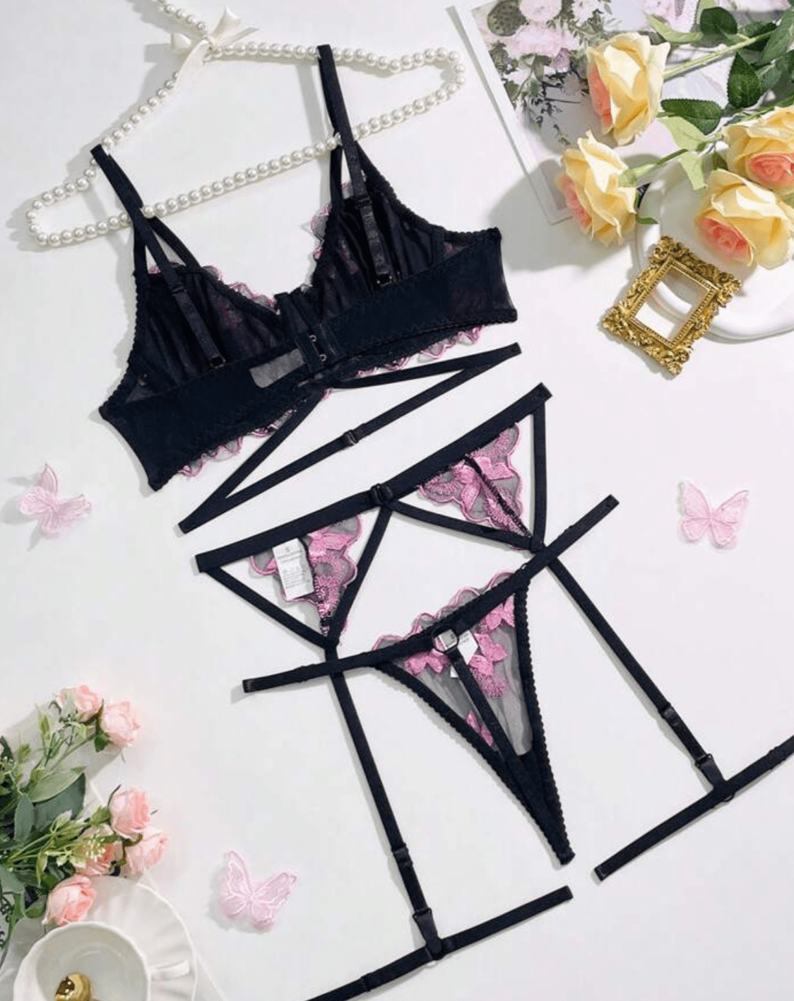 black lingerie set pink garter belt