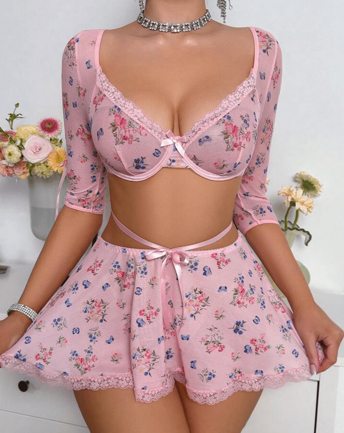 pink lingerie skirt set floral coquette style