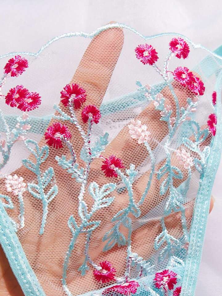 embroidered lace sexy underwear blue