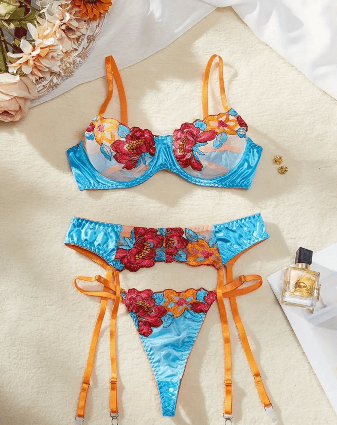 blue lingerie set garter