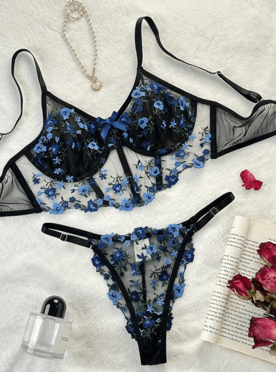 blue black lingerie embroidered