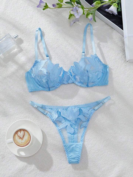Blue Silk Lingerie Set Embroidered
