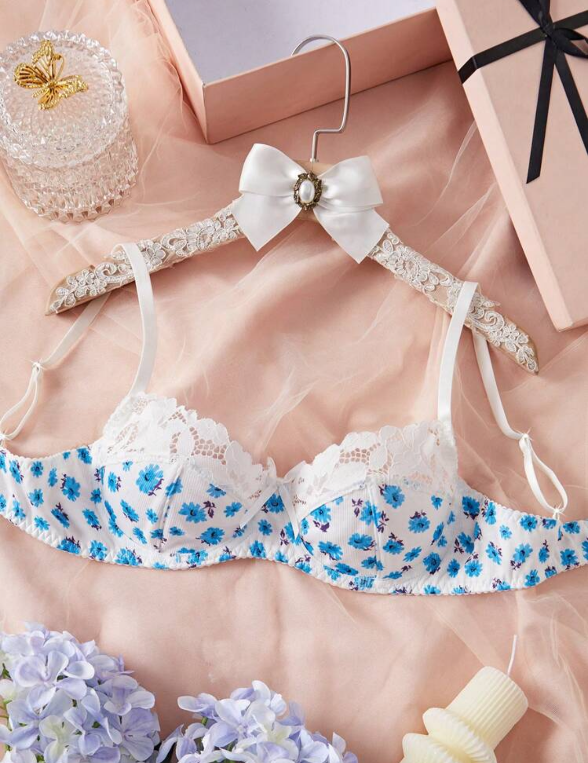 blue and white floral bra underwire