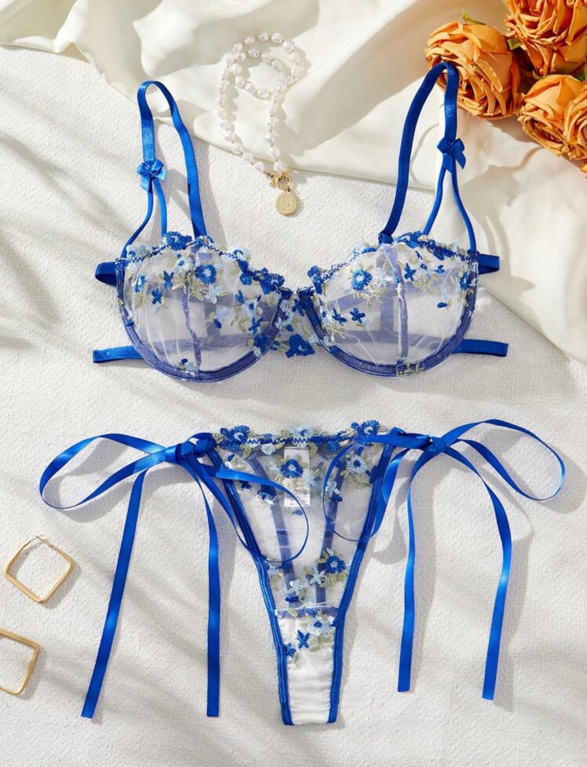 blue lingerie set floral