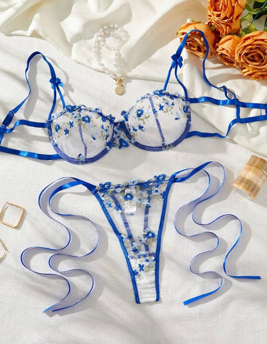 blue lingerie set floral embroidery