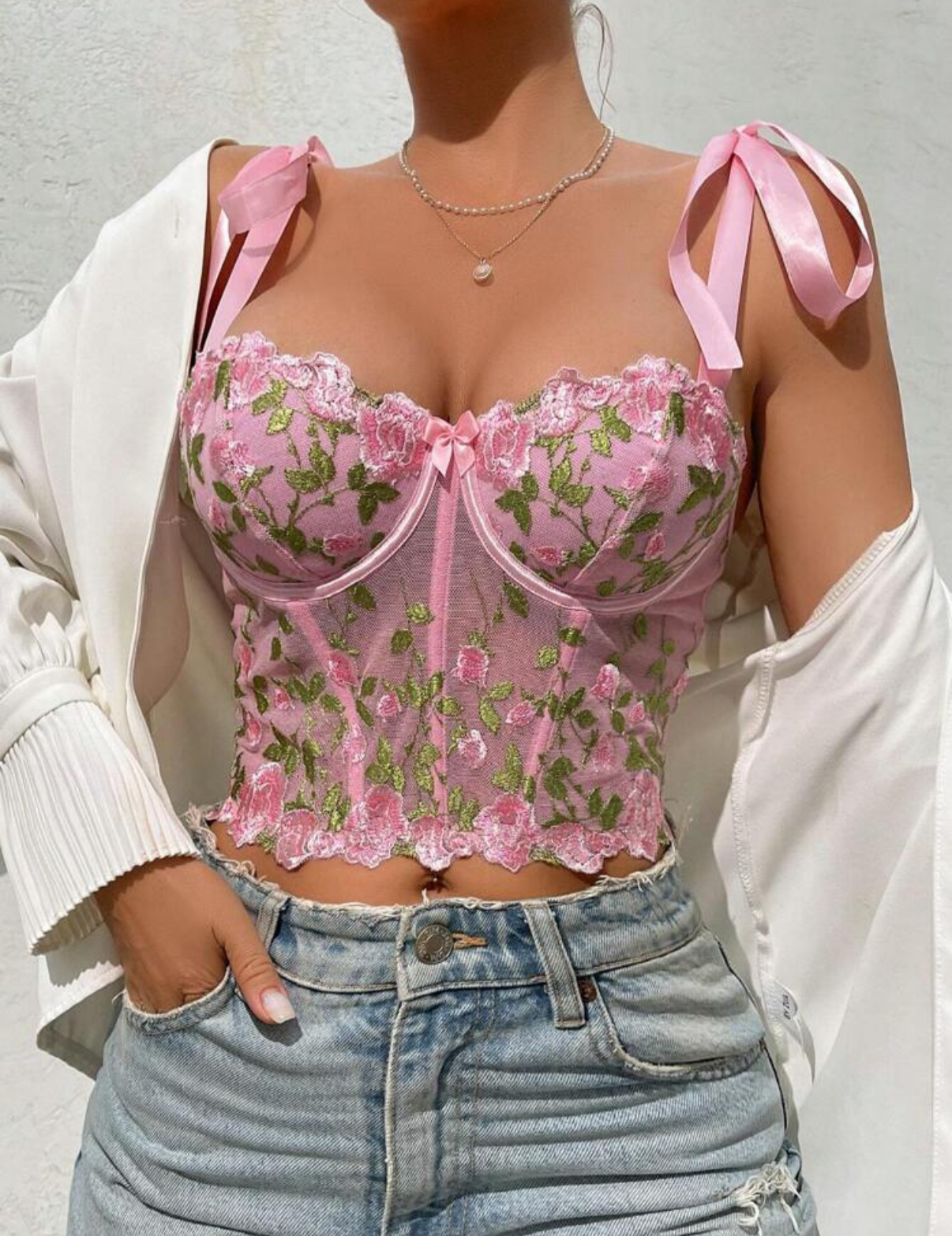 pink corset top floral embroidery with bowstraps