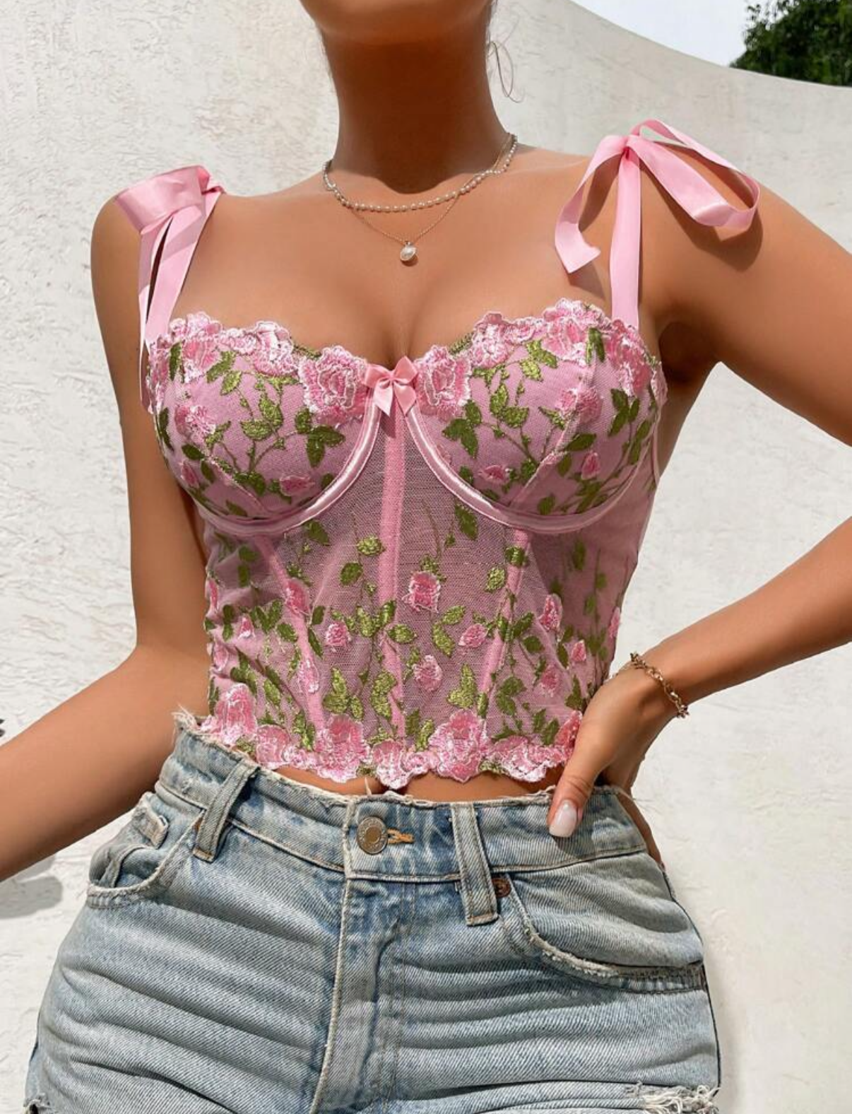 pink floral embroidered corset top bowstraps