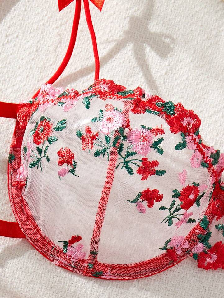 red floral lingerie lace bra see through