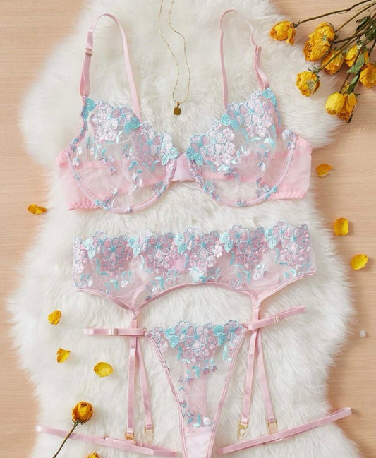 Blue Lingerie Set Pink Embroidery - Self Care Shop