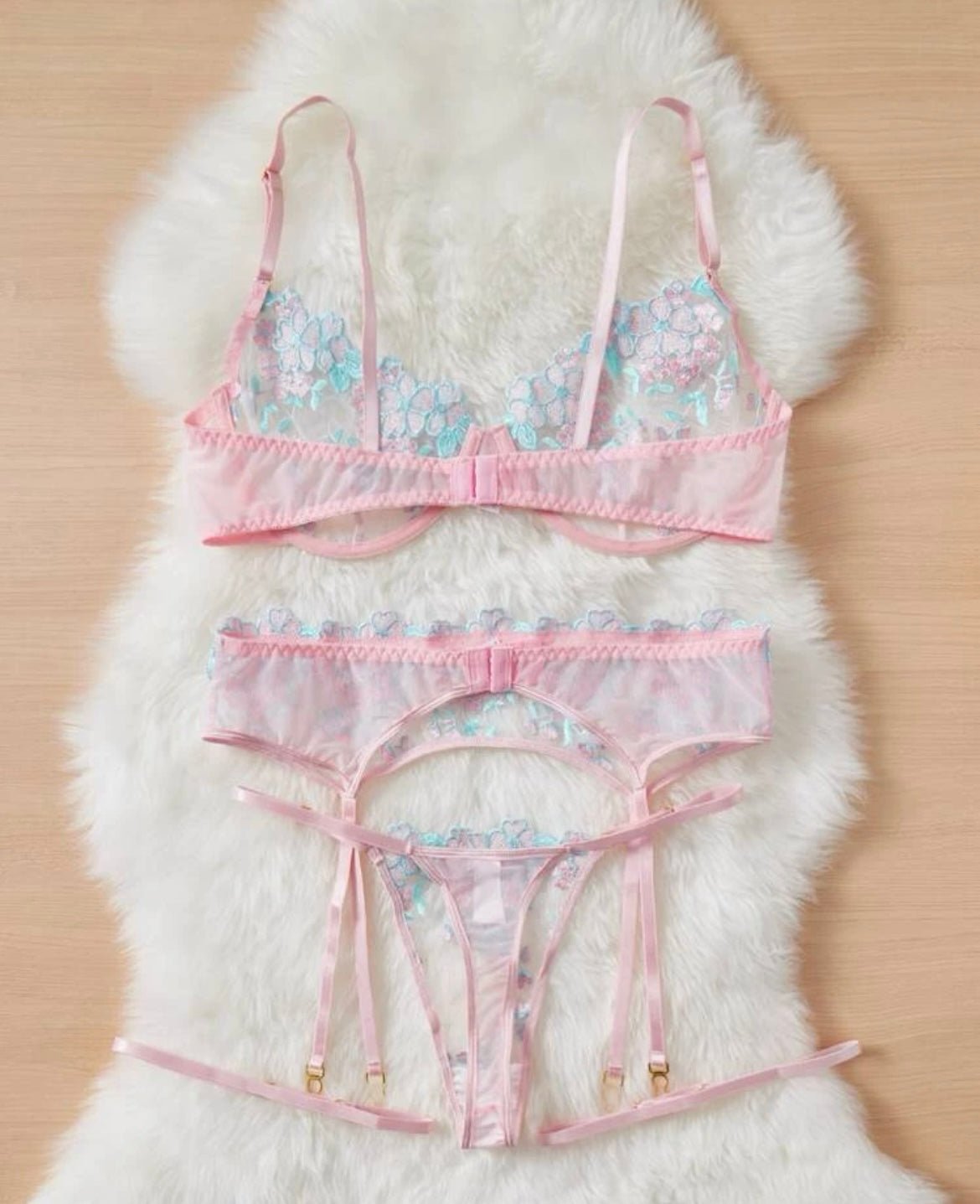 Blue Lingerie Set Pink Embroidery - Self Care Shop
