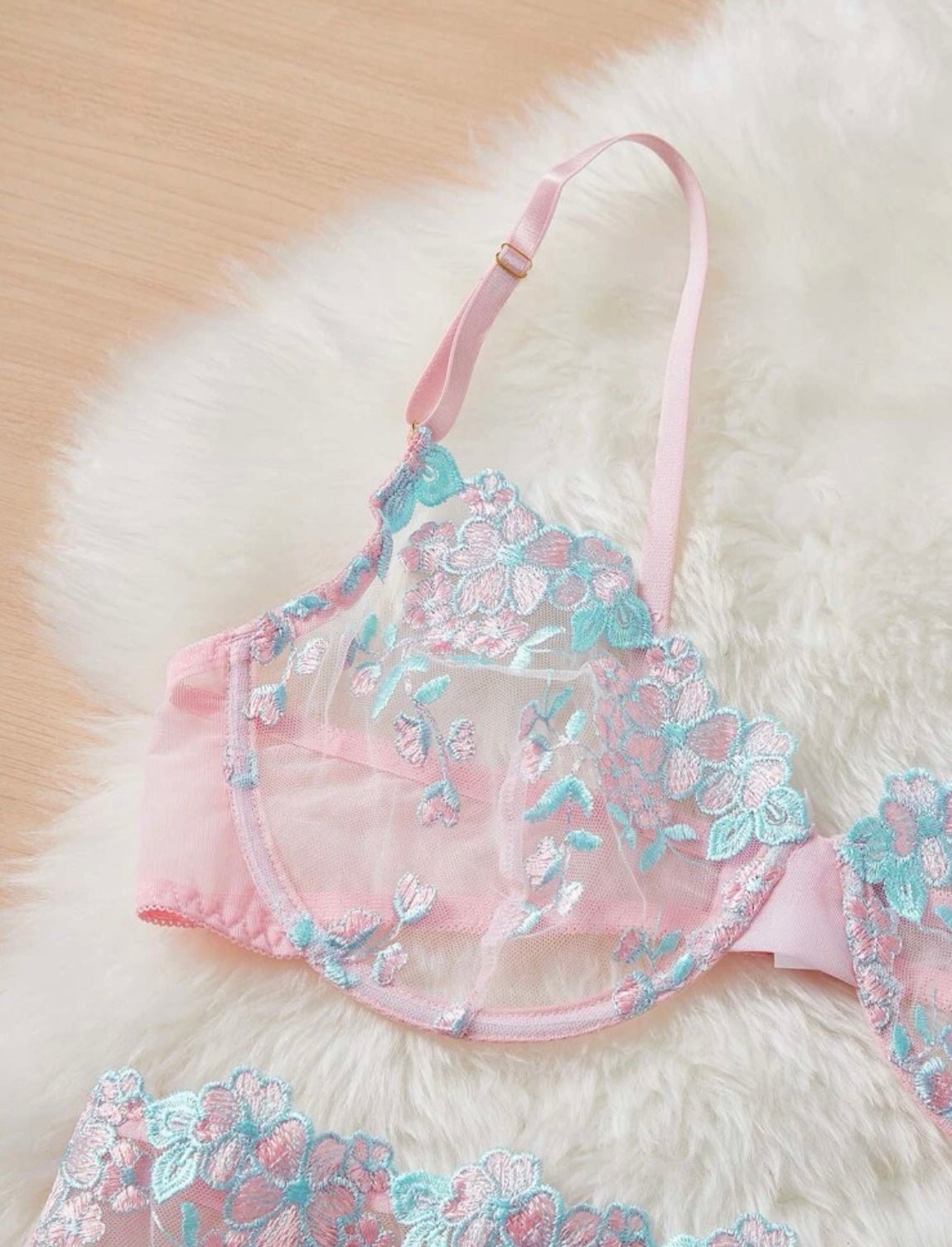 Blue Lingerie Set Pink Embroidery - Self Care Shop