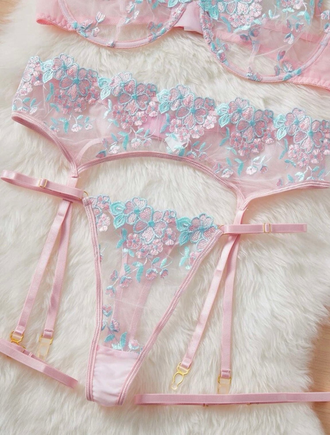 Blue Lingerie Set Pink Embroidery - Self Care Shop
