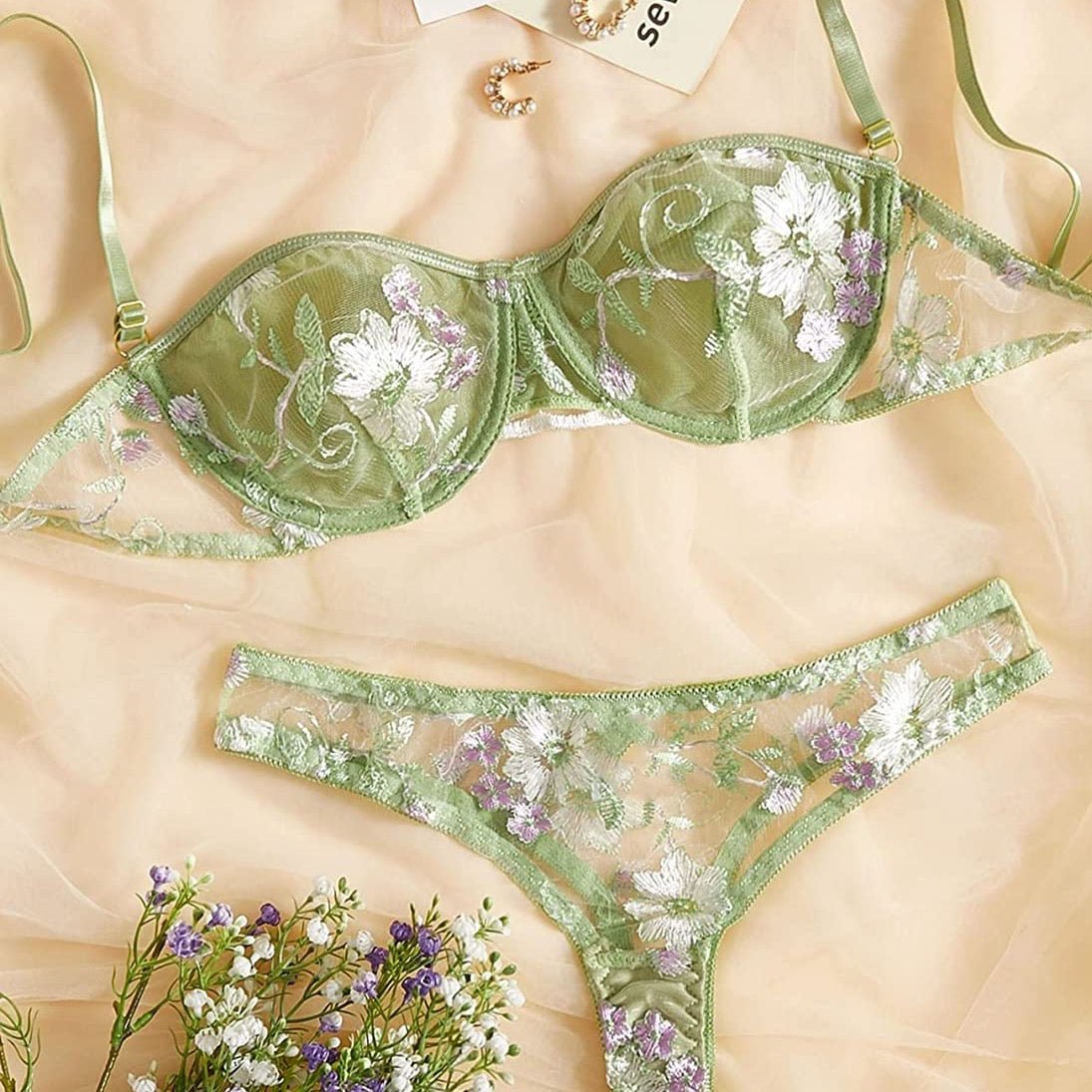 Green Floral Lingerie Set - Self Care Shop
