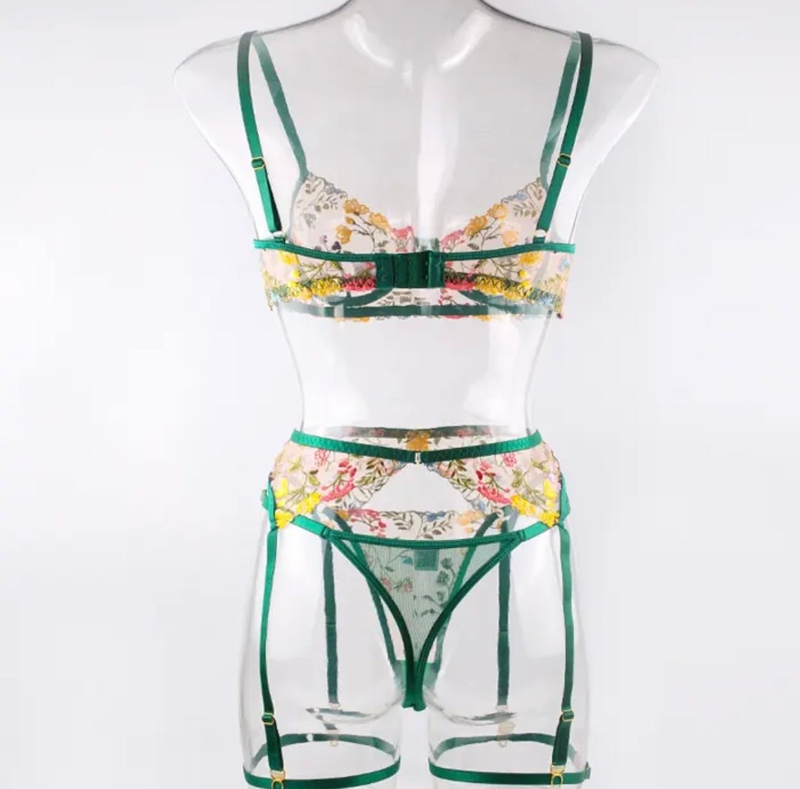 Green Lingerie Set Floral Embroidered - Self Care Shop