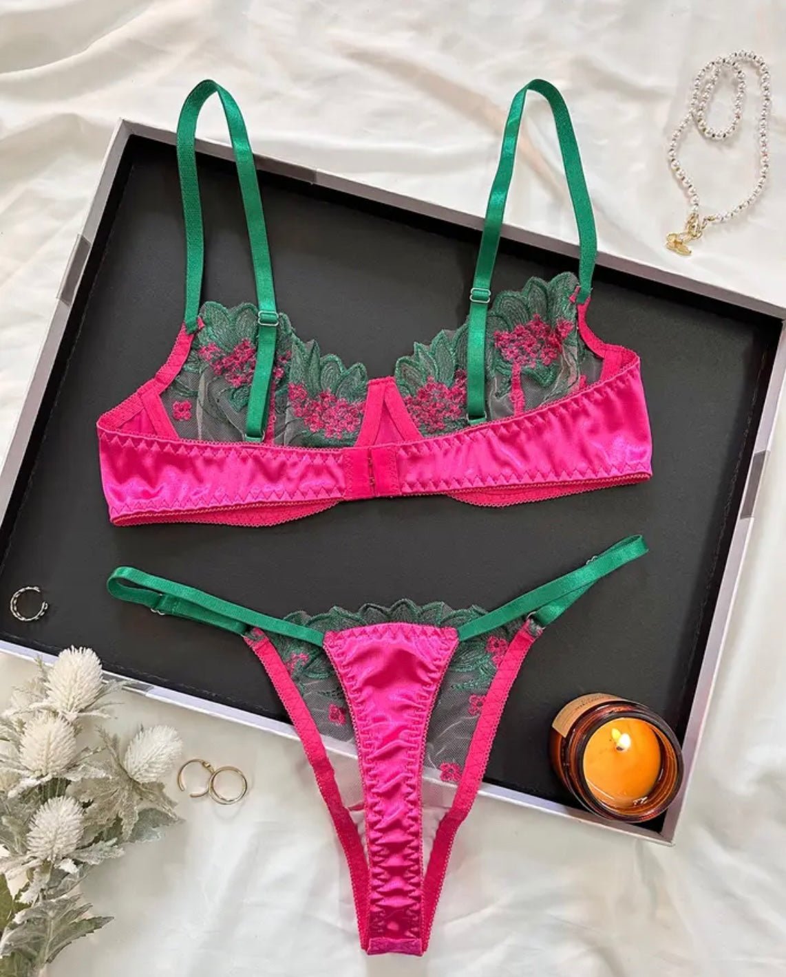 Hot Pink Lingerie Silk Embroidery - Self Care Shop