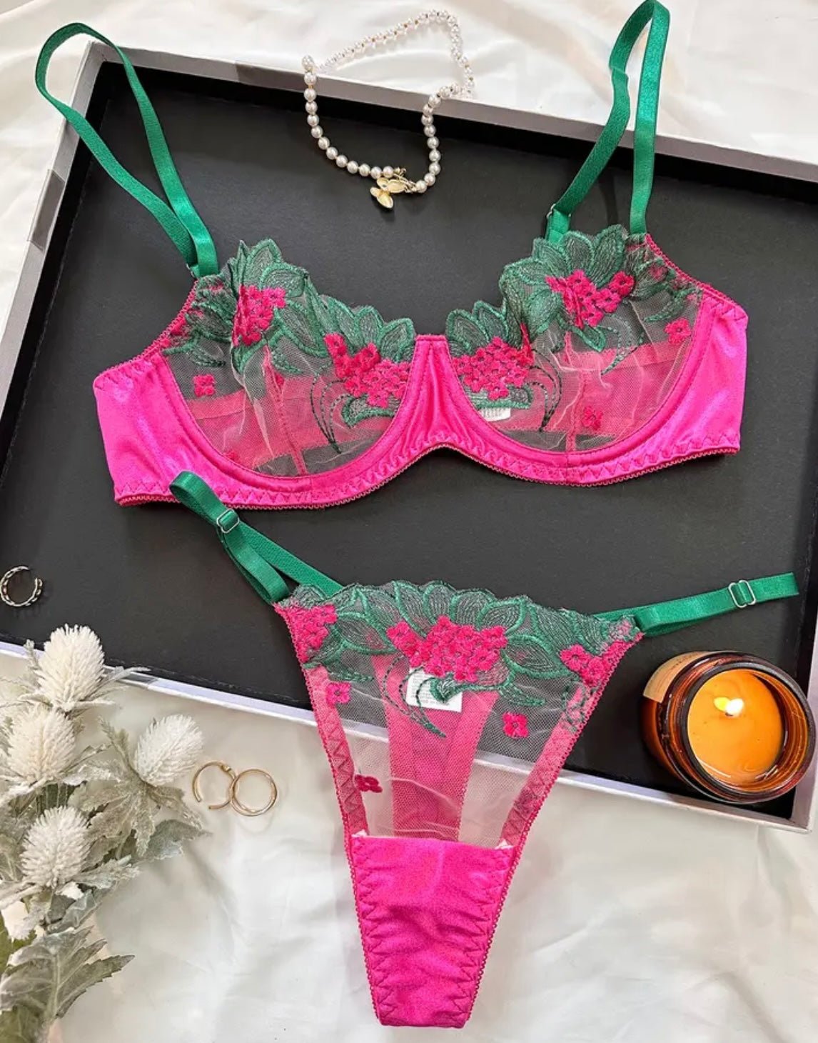 Hot Pink Lingerie Silk Embroidery - Self Care Shop