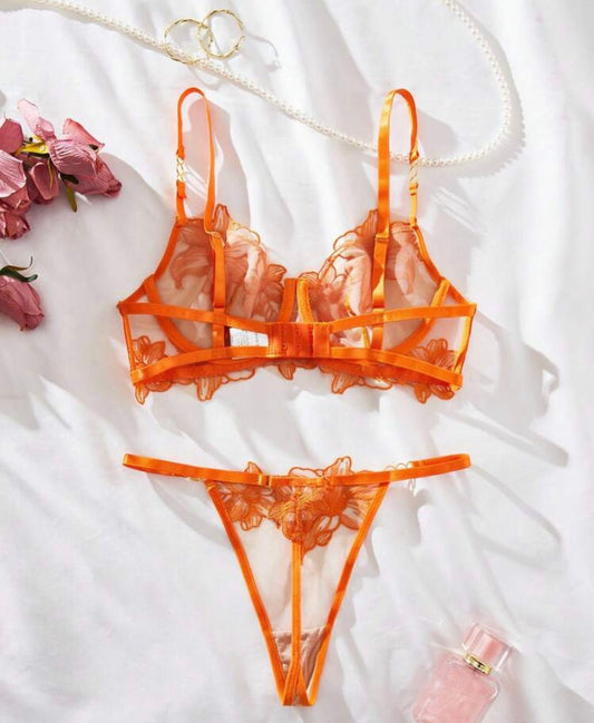 Orange Lingerie Set Embroidery Mesh Underwire - Self Care Shop