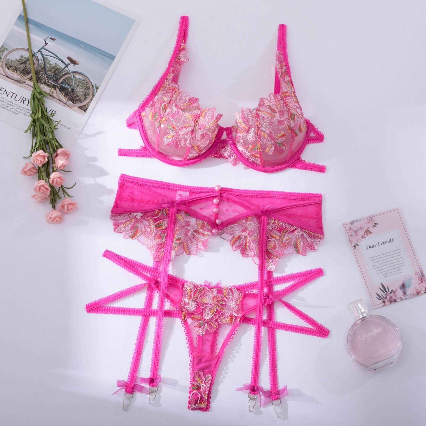 Pink Lingerie Set Floral Embroidery - Self Care Shop