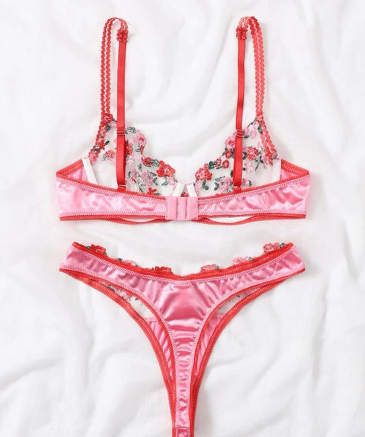 Pink Lingerie Set Floral Silk - Self Care Shop