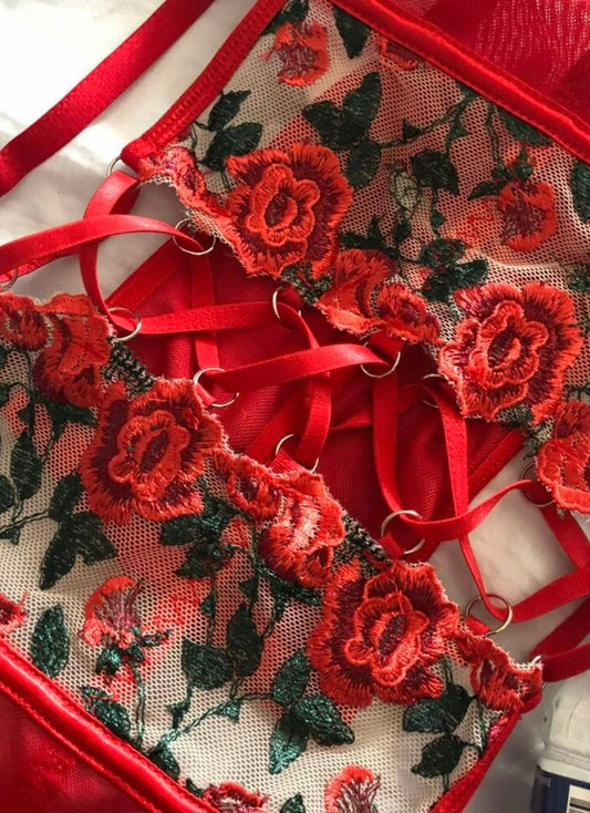 Red Lingerie Set Embroidered Garter - Self Care Shop