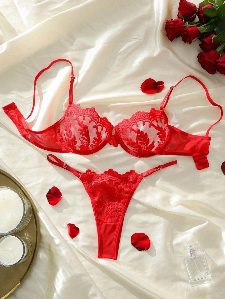 Red Lingerie Set Floral Lace - Self Care Shop