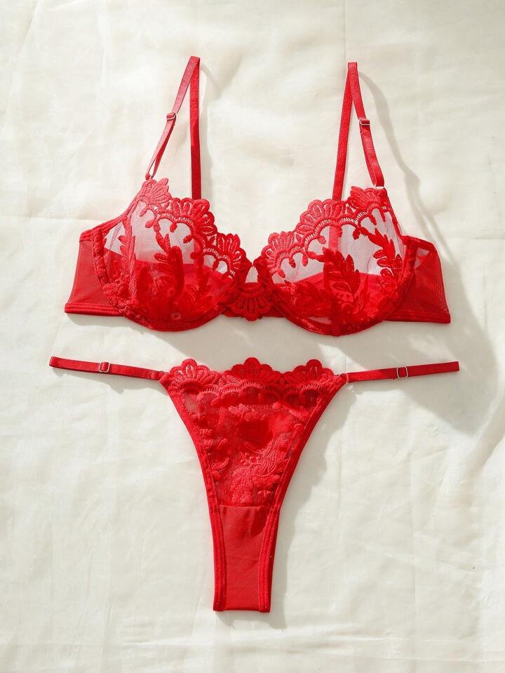 Red Lingerie Set Floral Lace - Self Care Shop