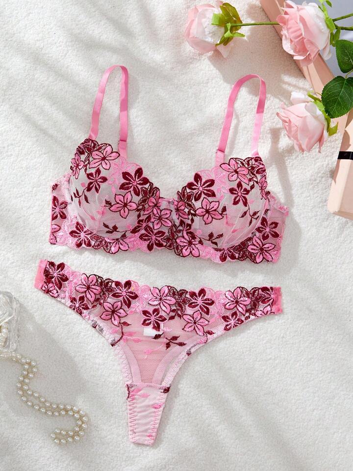 Romantic Bra and Panty Set Pink and burgundy Floral Embroidered Intimates